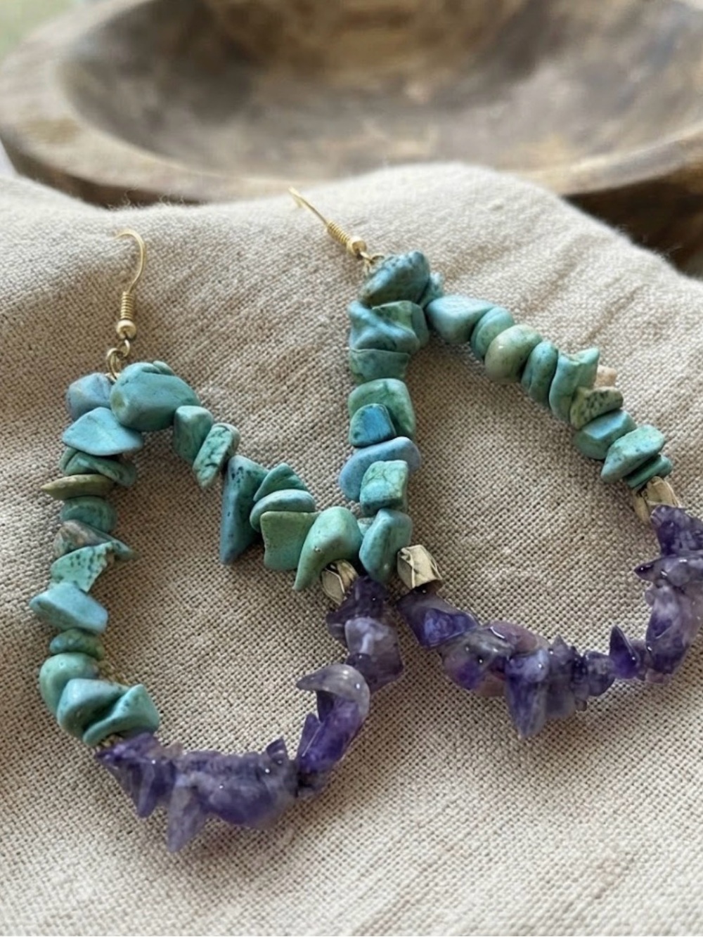 Genuine  Turquoise & Amethyst Chip Hoop Earrings